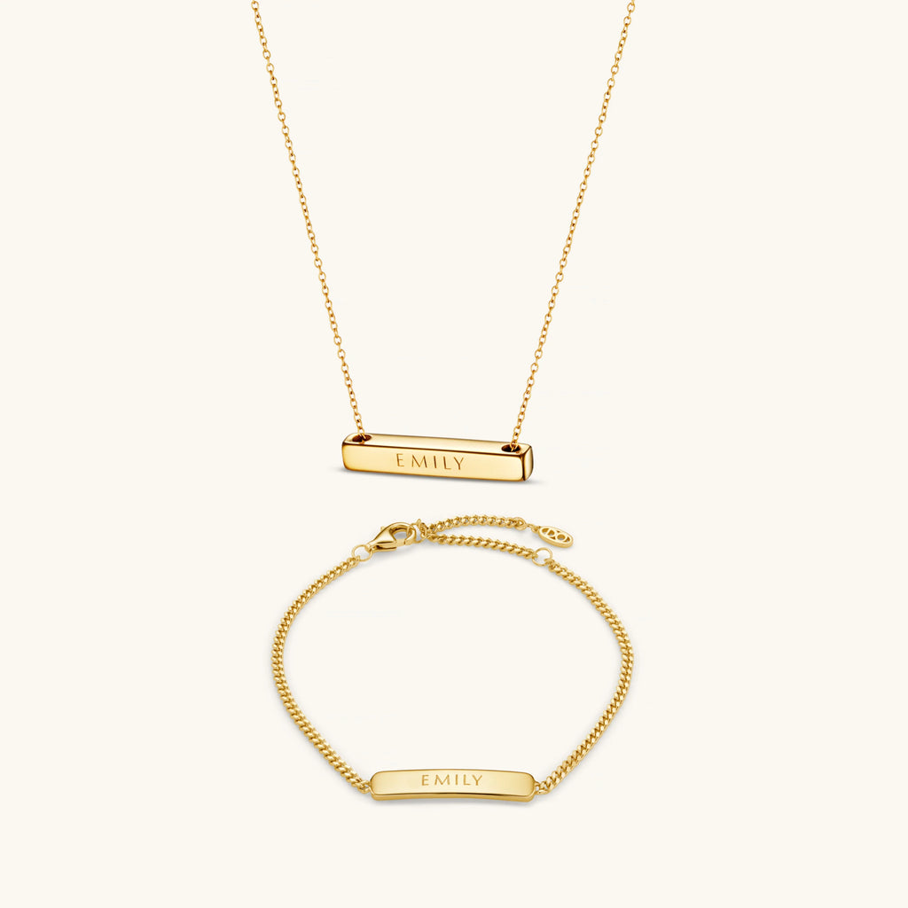 Personalised Matching Set - 3cm Letter Bar & Engraved Bracelet in Gold