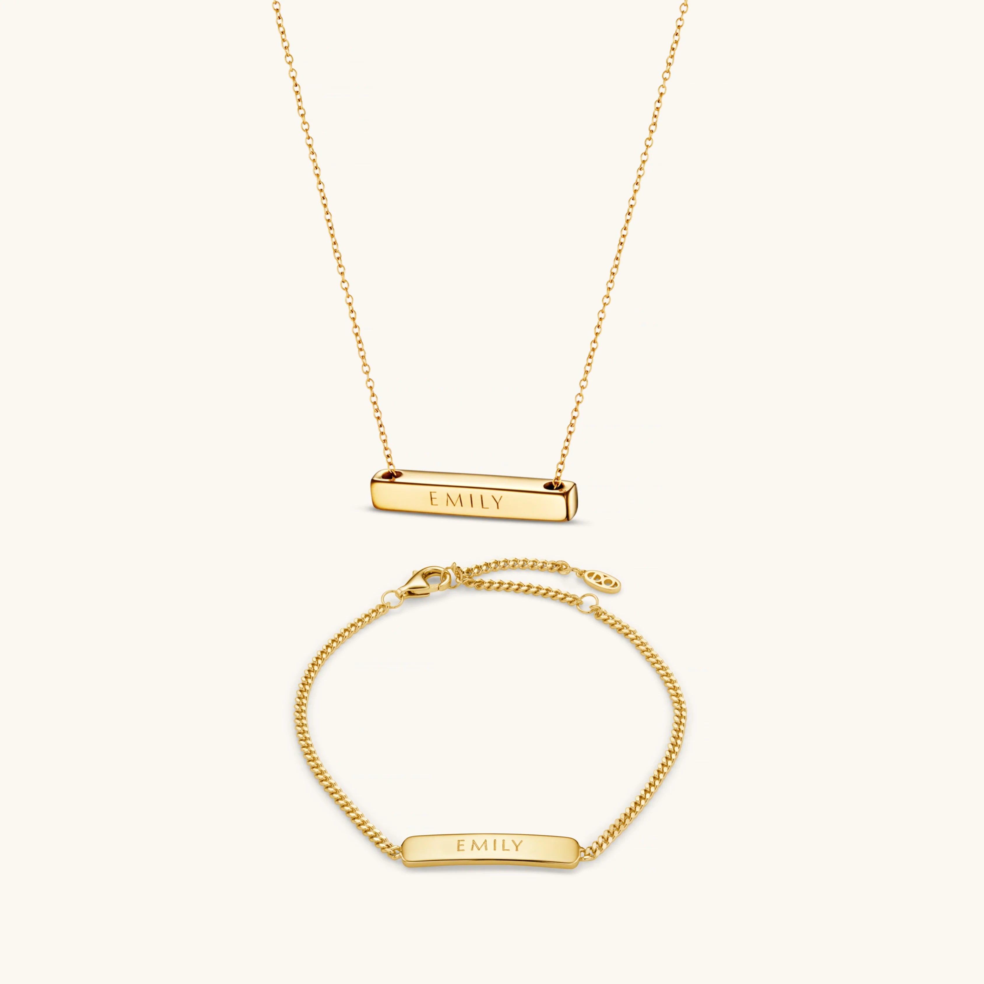 Personalised Matching Set - 3cm Letter Bar & Engraved Bracelet in Gold